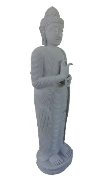 Product image of the product “Standing Buddha made of Riverstone in Dharmachakra position - gesture of wheel of the teaching of Dharma. About 150cm height. ”